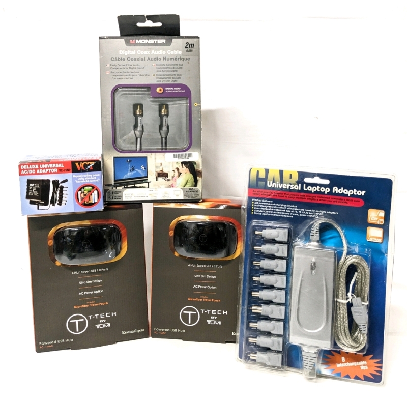 New & As-New Electronics : Monster Digital Coax Audio Cable 2M, New Car Universal Adapter w 9 Interchangeable Tips, Deluxe Universal AC/DC Adapter & 2 New Tumi 4 High-Speed USB 2.0 Port Powered USB Hub