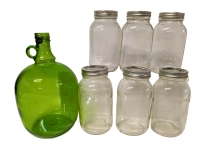 Vintage Green Glass Jug 3L, 5 Bernardin Mason Jars + 1 Unmarked Mason Jar (All with Rings & Lids)