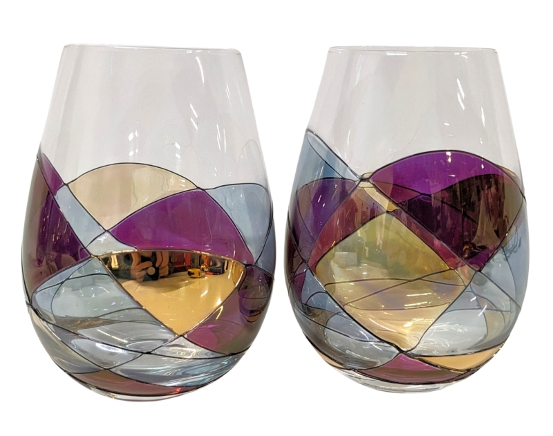 2 New Signed CORNET BARCELONA 'Sagrada’ One of a Kind Handmade Stemless Wine Glasses