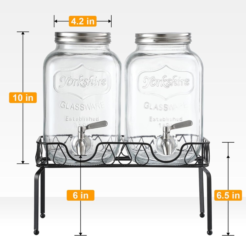 New 1-Gallon Glass Drink Dispenser with Stand and Lid, 18/8 Stainless Steel Spigot Yorkshire