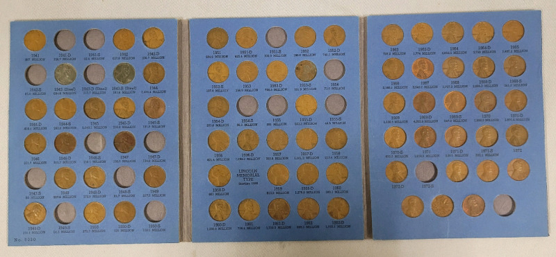 1941 - 1972 USA Lincoln One Cent Pennies in Blue Book . All Slots Appear to Have Correct Coin