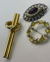 Three Vintage Brooches Minimalist Green Lucite Purple Rhinestone