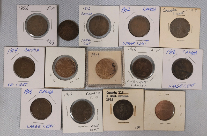 1886 - 1919 Canadian Large One Cent Pennies , 14 Coins