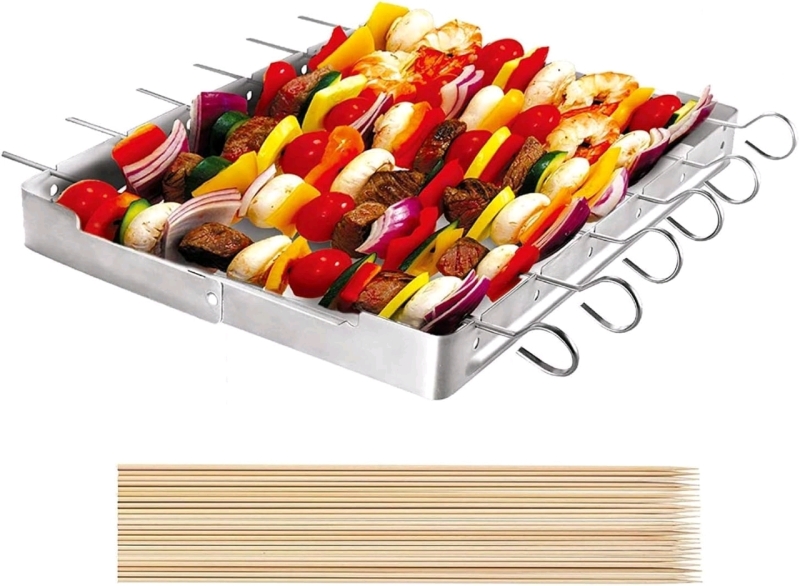 New Unicook Heavy Duty Stainless Steel Barbecue Skewer Shish Kabob Set, 6pcs 13”L Reusable Skewer Sticks with Foldable Grill Rack, with 50pcs Bamboo Skewer Bonus