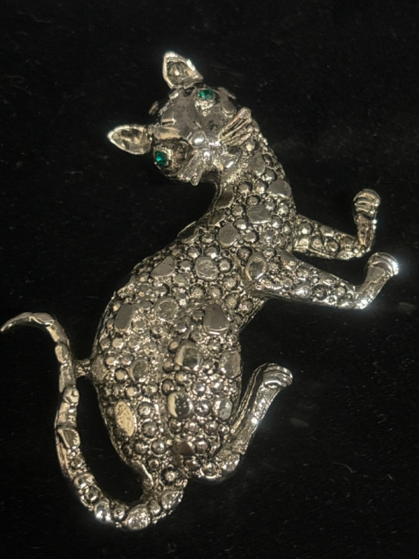 Gorgeous Cat Figural Brooch Green Rhinestone Eyes