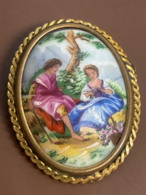 1940s Limoges Porcelain Brooch<br/>Courting Scene Hand Painted