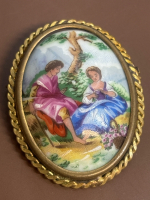 1940s Limoges Porcelain Brooch<br/>Courting Scene Hand Painted