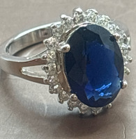925 Sterling Silver CZ Halo Ring Blue Stone