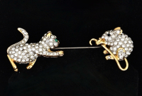 Whimsical Crystal Cat & Mouse Pin With Detachable Cat Portion FAC
