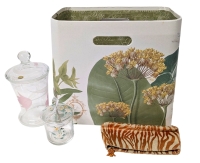 Chelsea Home Botanical Waste Paper Basket + Handpainted Glass Lidded Container + Bohemia Crystal Frosted Lidded Container + Zebra/Tiger Striped Makeup Bag