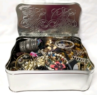 Large Biscuit Tin with Assorted Unsorted Jewelry Contents 11" x 8.5" x 3.75"