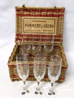 6 Czech Bohemia Lead Crystal over 24% Pb0 Champaign Glasses in Pommery & Greno Wicker Champagne Basket