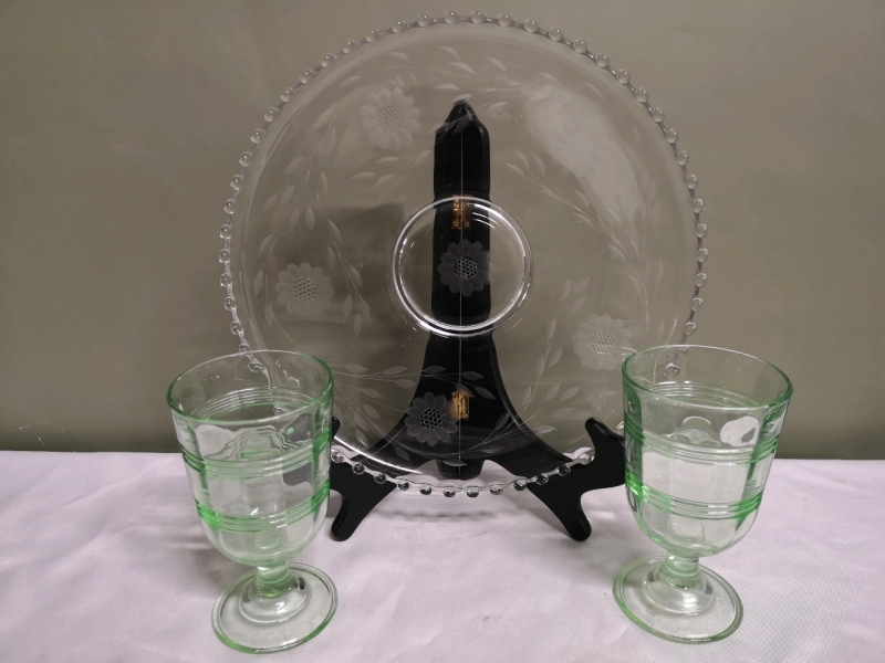 Vintage Large Cornflower Glass Platter + Green Glasses
