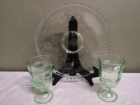 Vintage Large Cornflower Glass Platter + Green Glasses