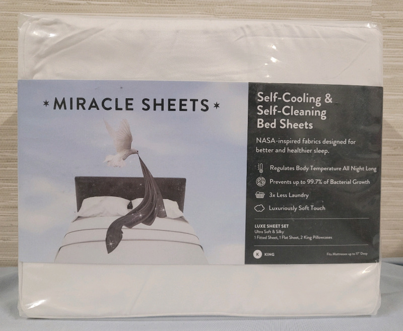 New - Miracle Sheets White 4pc Luxe Sheet Set . Fitted , Flat & 2 Pillow Cases . King Size