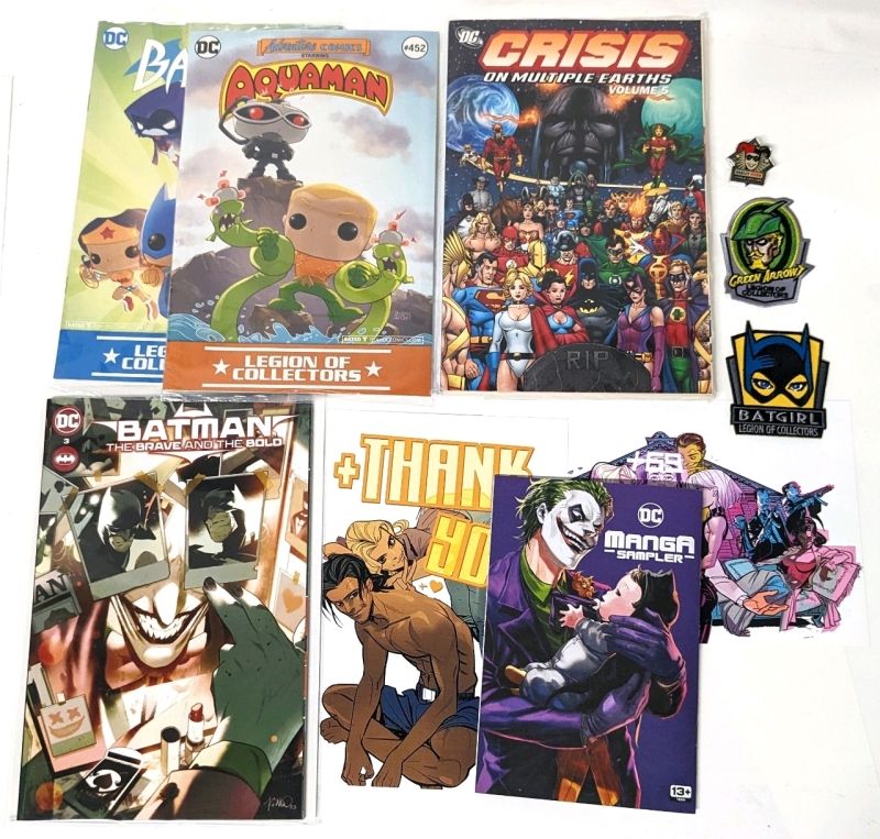 DC COMICS: Legion of Collectors BatGirl #35 + Aquaman #452, Crisis on Multiple Earths Vol 2, Batman the Brave and the Bold #3, Manga Sampler, 2 Art on Cardstock, 2 Patches & 1 Harley Quinn Legion of Collectors Pin