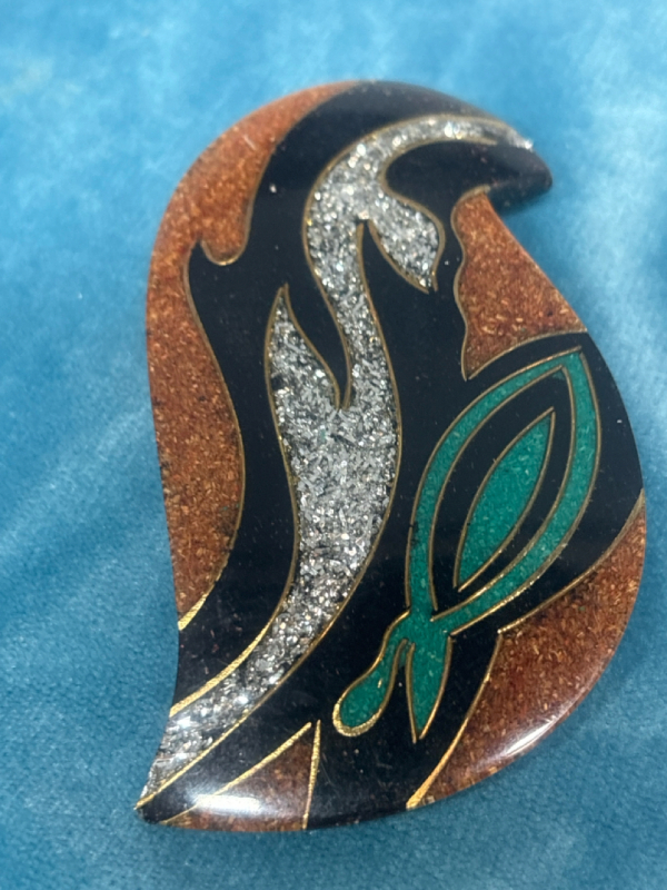 Artisan Brooch Made in Philippines Enanel Rhinestone Inlay Abstract Bird