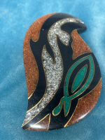 Artisan Brooch Made in Philippines Enanel Rhinestone Inlay Abstract Bird