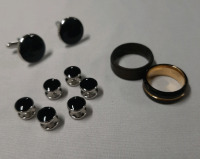 As New Set of Cufflinks and Shirt Studs in Black & Silvertone, a Silicon Ring, a Size 7 Ring in Goldtone & Black