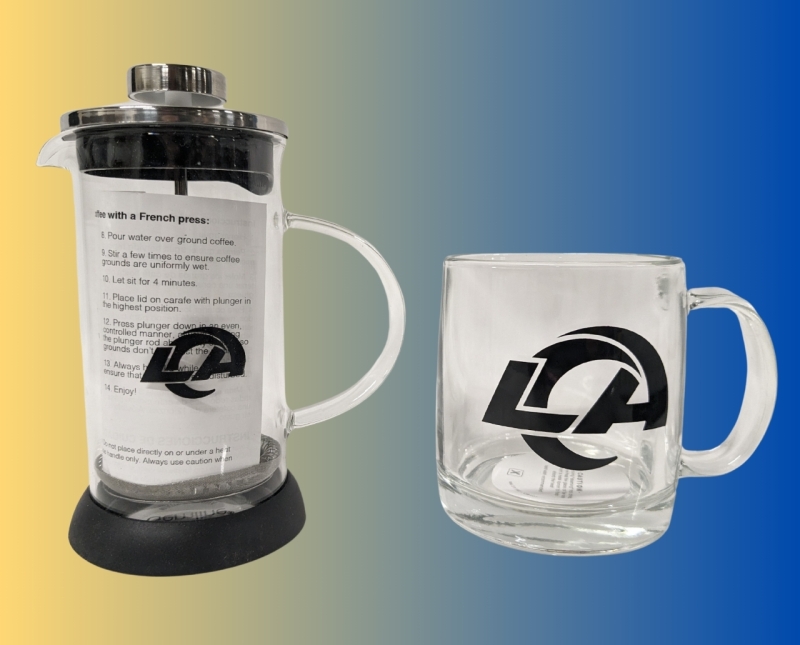 New LOS ANGELES RAMS Branded Glass Coffee Mug & Gemline Single Serve Glass French Press