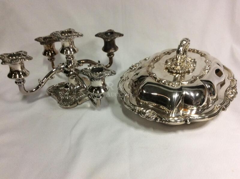 Vintage Silver Plate Candelabra & Serving Dish