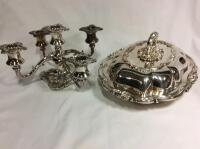 Vintage Silver Plate Candelabra & Serving Dish