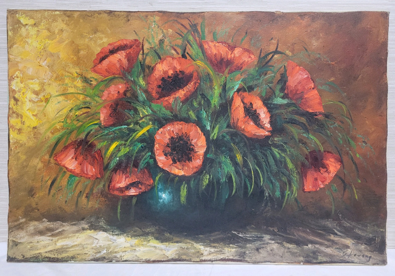 ' Poppies ' Oil on Canvas , Signed by Artist . Measures 36"&times;24"