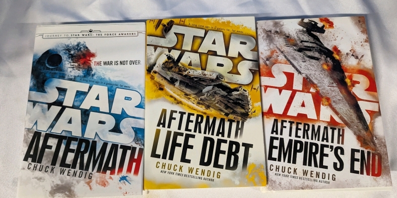 The Star Wars Aftermath Trilogy Hardcover Novels by Chuck Wending. Includes "Aftermath", "Aftermath: Life Debt" and "Aftermath: Empire's End". 6.5" by 9.5".