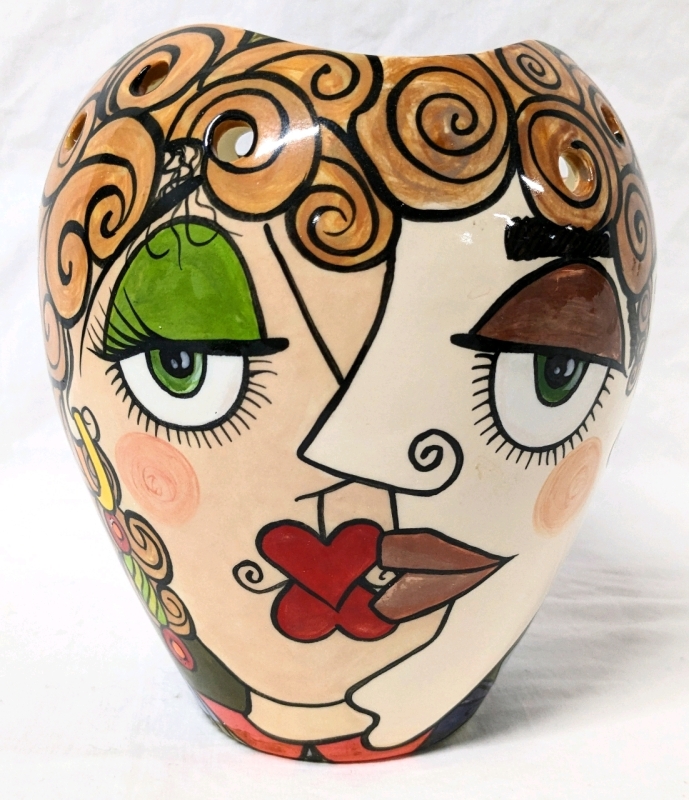 Fun & Kitschy Signed Handpainted Ceramic Pot with Holes at Top for Hanging by Local Niagara Artist Patricia Golding Paquin 7" Tall