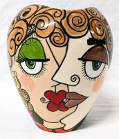 Fun & Kitschy Signed Handpainted Ceramic Pot with Holes at Top for Hanging by Local Niagara Artist Patricia Golding Paquin 7" Tall