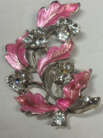 Vintage Pink Enamel Clear Cluster Rhinestone Brooch