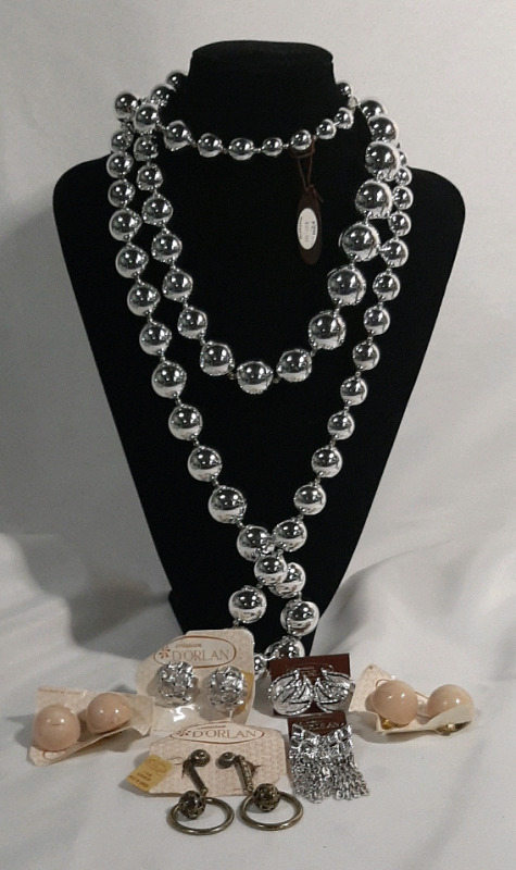 2 Silver Bauble Necklaces and 6 Pair of Clip On Earrings