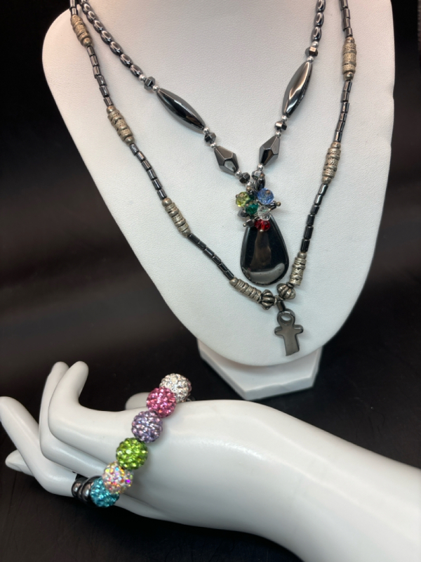 2 Hematite Necklaces Rhinestone Hematite Bracelet