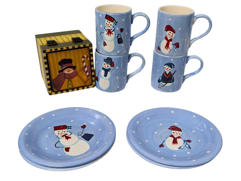 Snowmen! Set of 4 Handpainted Ceramic Mugs w 4 Matching Plates + Wooden Snowman Box with 11 Coasters