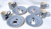 Snowmen! Set of 4 Handpainted Ceramic Mugs w 4 Matching Plates + Wooden Snowman Box with 11 Coasters - 2