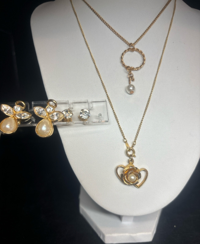 Rosebud Two Heart Necklace CZ Earrings Signed Angel Earrings