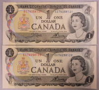 1973 Canadian One Dollar Bank Notes , Consecutive Numbers . Both appear uncirculated w/no bends or folds