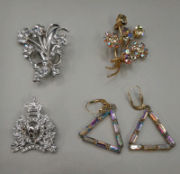 Vintage Brooches & Earrings. Spectacular colours. Silver floral is 1.75"