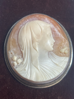 Vintage Sterling Draped Shell Cameo Brooch with Roses Tube Hinge