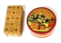 2 Vintage Small Wooden Trinket Boxes Made in Russia | 2" x 4" x 1.2" Tall | 3.5" Diameter x 1.5" Tall