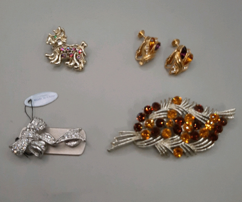 3 Vintage Brooches & a Pair of Screwback Earrings. Bow Brooch is Magnetic and could also be used as a shoe clip. Feather Brooch is 3"