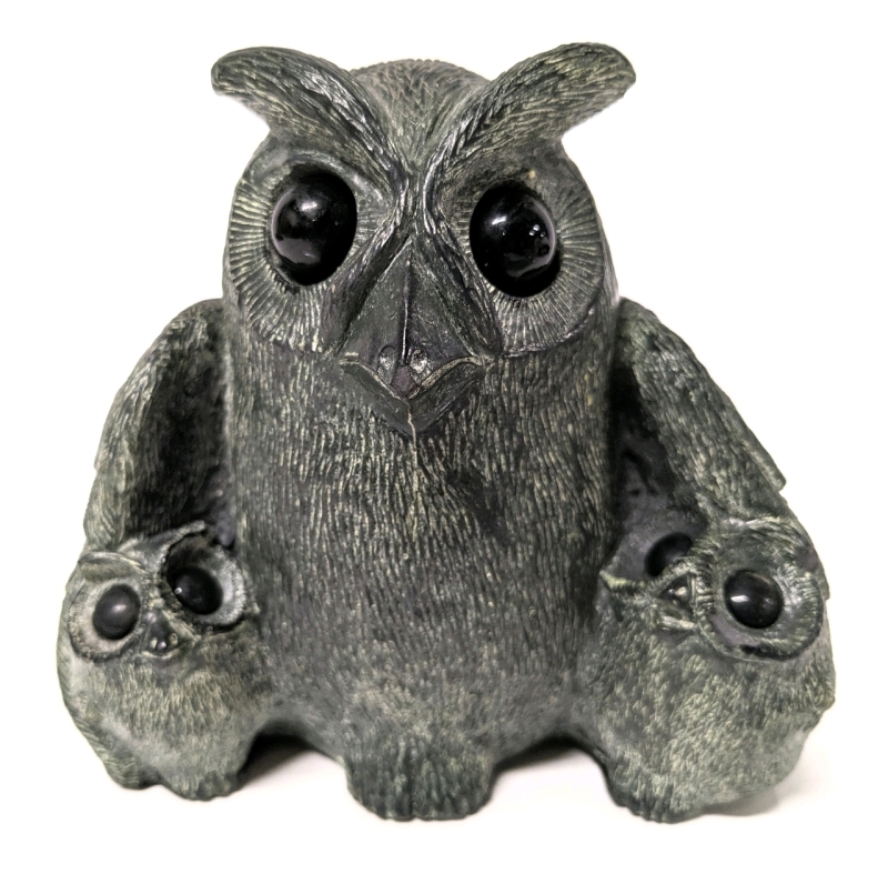 Vintage Wolf Original Handmade Cast Soapstone-Like Owl w Owlets | 4.75" Tall | Made in Canada