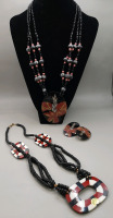 Vintage 22" Necklace made up of crushed Stones with Magnificent Beadwork. Please note the matching earrings. The second necklace also has lovely beadwork to compliment the tones in the larger pieces.