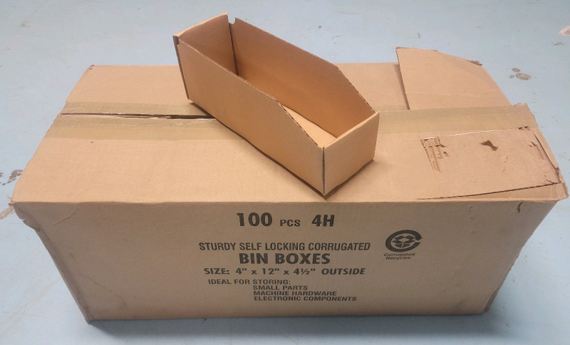 New - Sturdy Self-Locking Corrugated Bin Boxes . 90+ Boxes , 4"×12"×4.5" No Lids