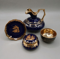 Vintage Limoges Miniatures, Plate, Jug and Trinket Box in Cobalt & Gold. Miniature Asian Bowl does have a maker's mark. Limoges Jug is 3" Tall