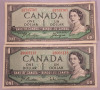 1954 Canadian One Dollar Bank Notes . Notes Have Been in Circulation, some Bends or folds