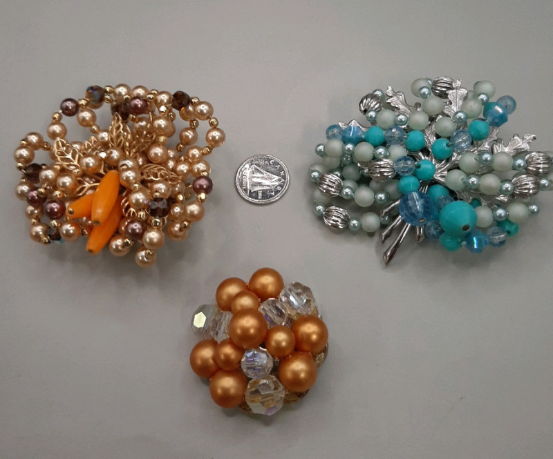 Vintage 3 Brooches with Beads, Faux Pearl's & Clear Stones