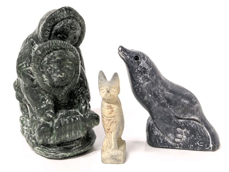 Vintage Sculptures : Soapstone-Like Inuit Kids in Sled (3.5" Tall) by Wolf Originals & 2.5" Tall Seal + Carved Stone Egyptian-Style Cat (2.25" Tall)