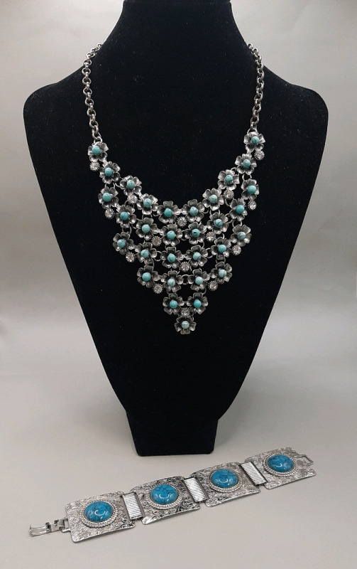 Vintage 17" Floral Necklace with Blue Beads and Clear Stones. 7" Sikvertone Bracelet with Turquoise Like Stones