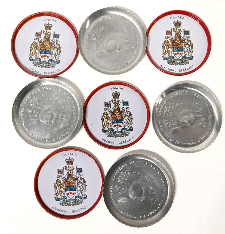 Vintage Tin Souvenir Ashtrays | 4x Armorial Bearings 3" | 4x Ontario Canada's Variety Vacationland Department of Travel & Publicity 3.15"